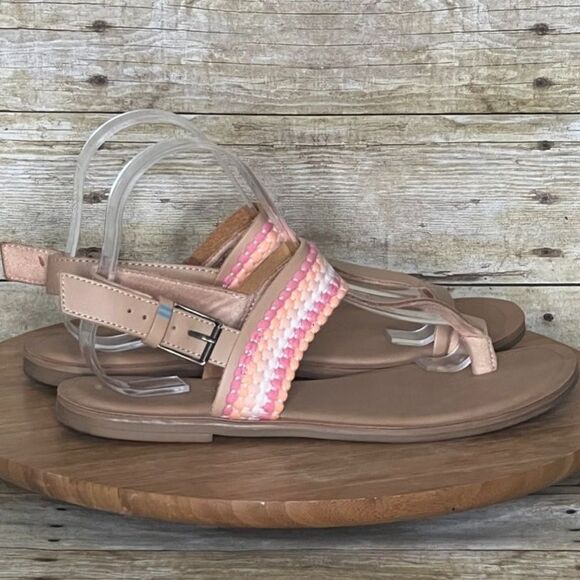TOMS HONEY BREE TAN LEATHER T- BAR STRAP CASUAL BOHO SLING BACK SANDALS SIZE 9 - Picture 1 of 5